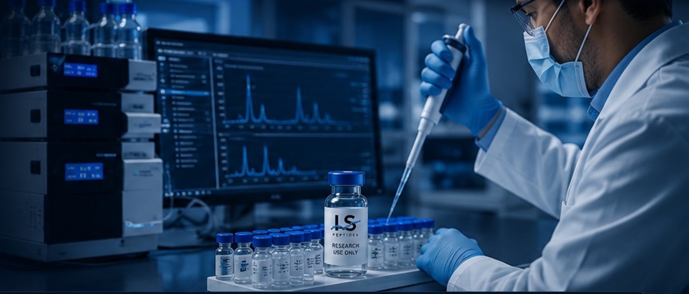 Analyst running HPLC analysis of an LS Peptides research vial